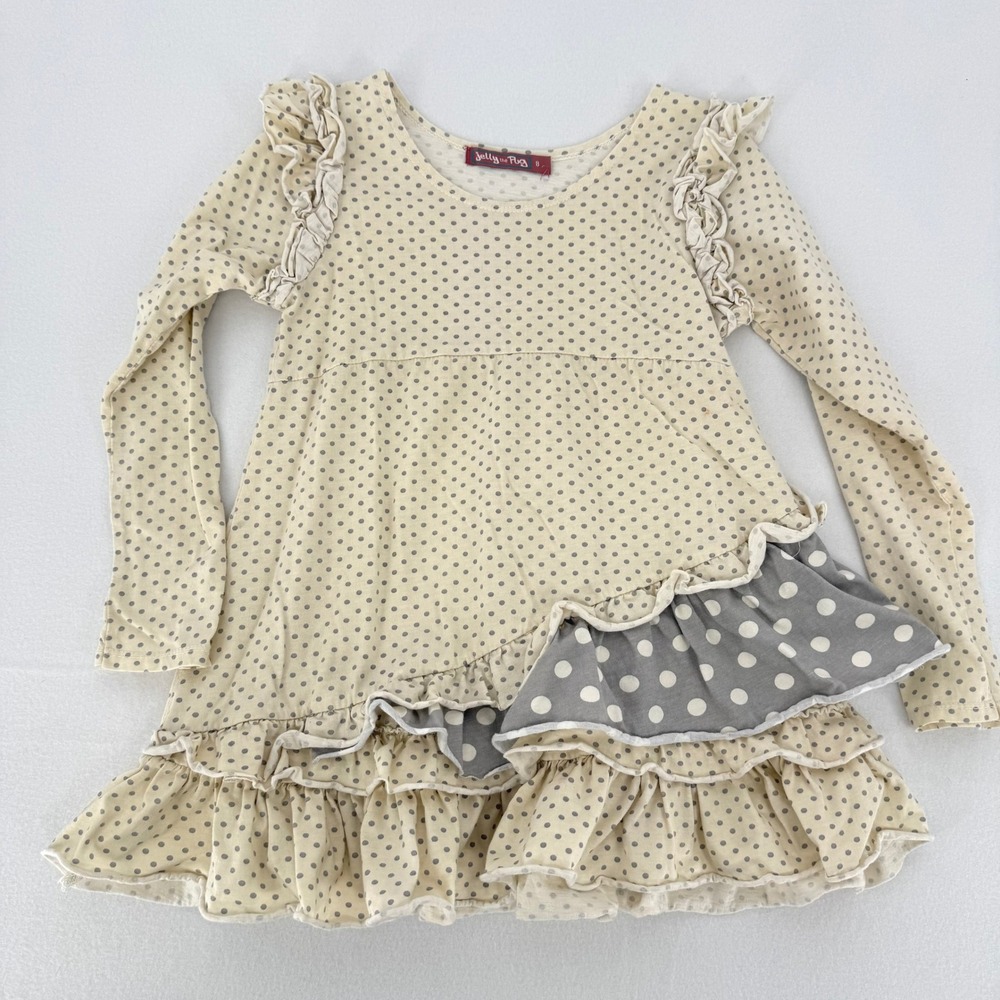 Jelly the Pug Tunic Top Girls 8 Cream Grey Polka Dot Ruffle TOP ONLY